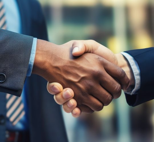 Two people confidently shake hands as they seal a successful business agreement, Handshaking close-up, Two businessmen shaking hands in a close-up shot, AI Generated